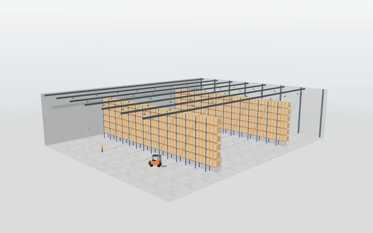 Alumbrado LED de nave industrial · Almacén con estanterías