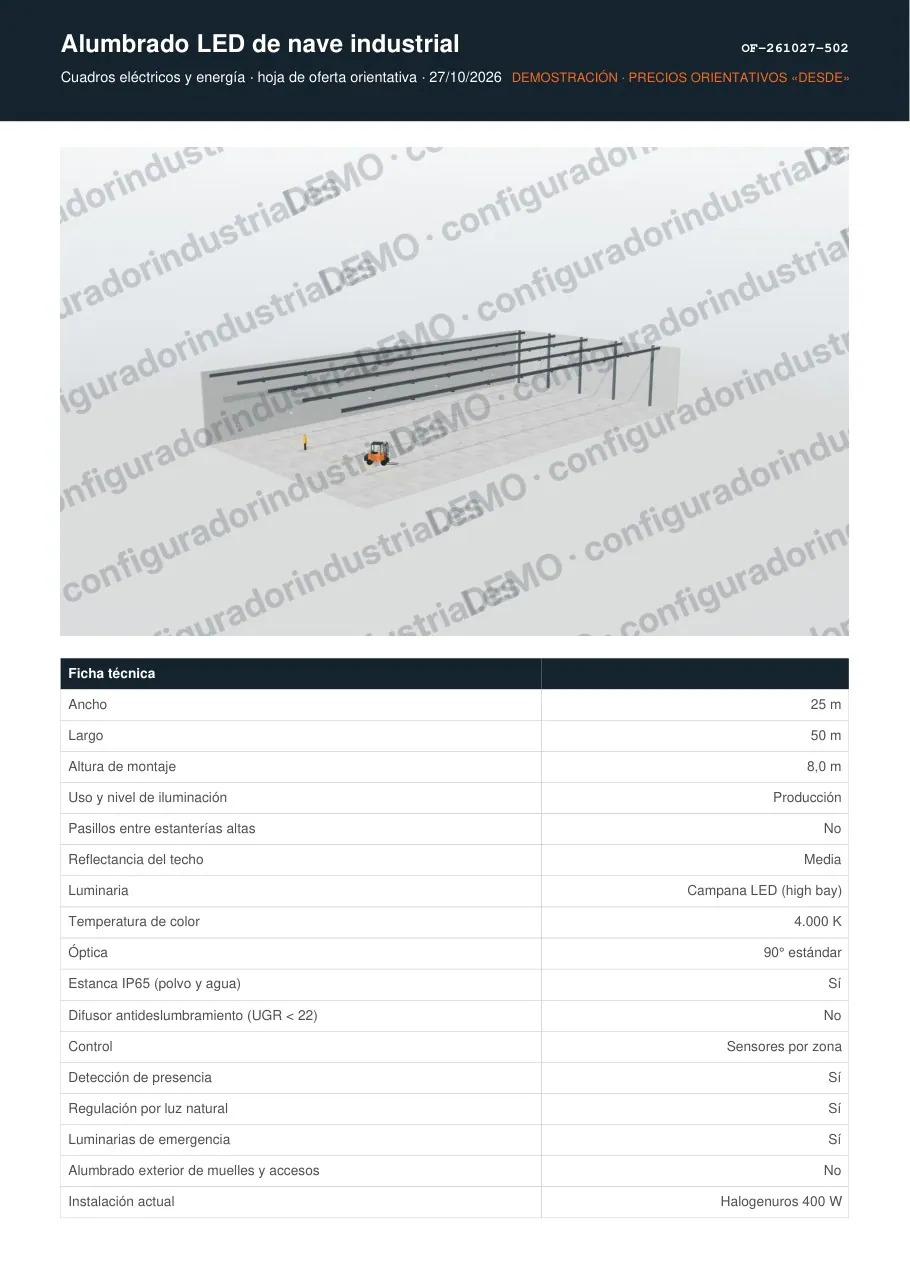 Alumbrado LED de nave industrial · hoja de oferta en PDF