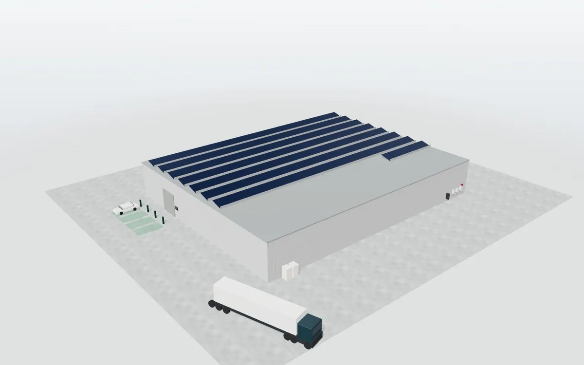 Autoconsumo fotovoltaico en cubierta de nave · Logística con batería y cargadores