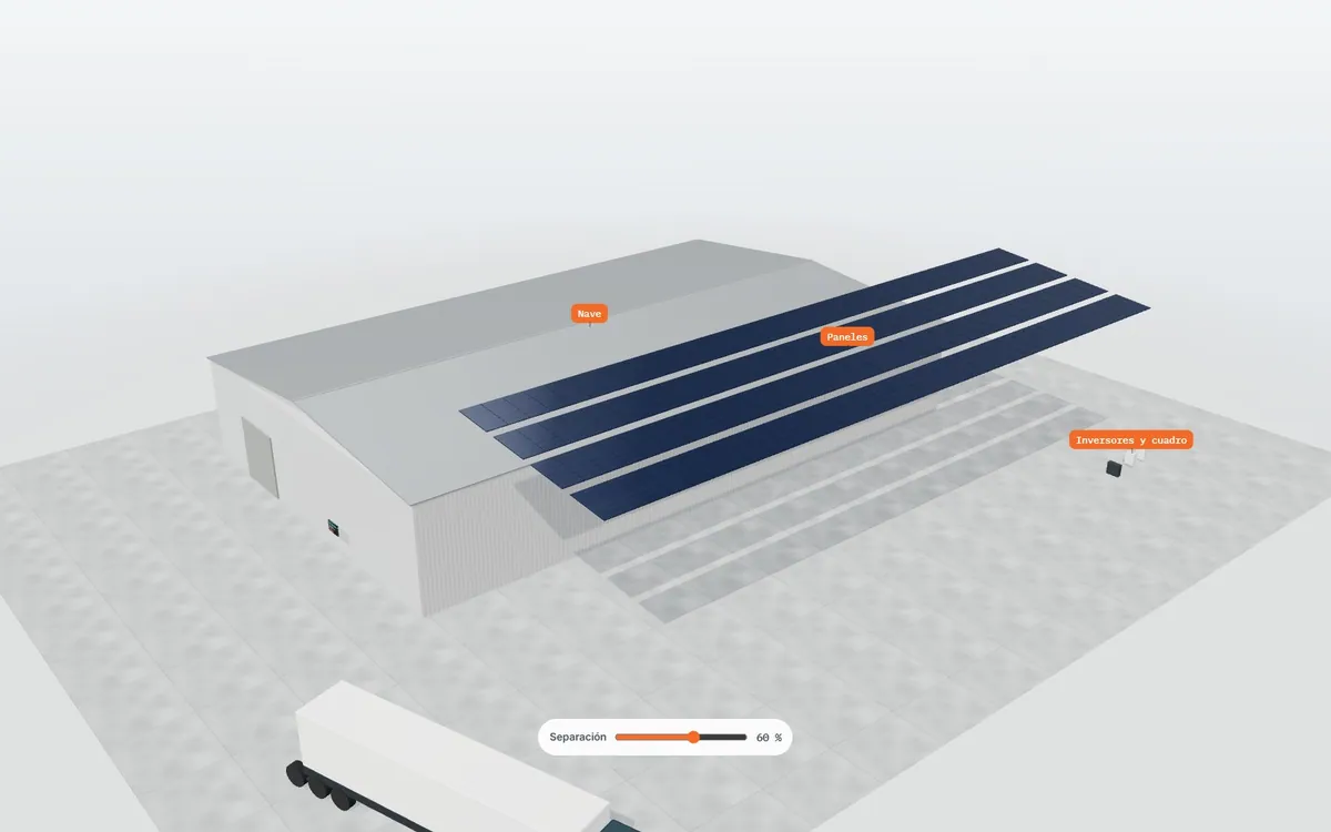 Autoconsumo fotovoltaico en cubierta de nave · vista explosionada
