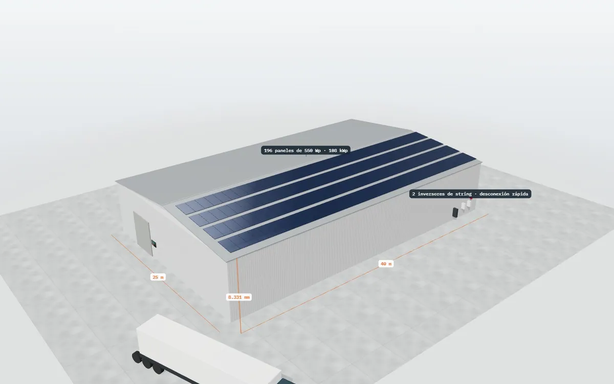 Autoconsumo fotovoltaico en cubierta de nave · cotas y etiquetas