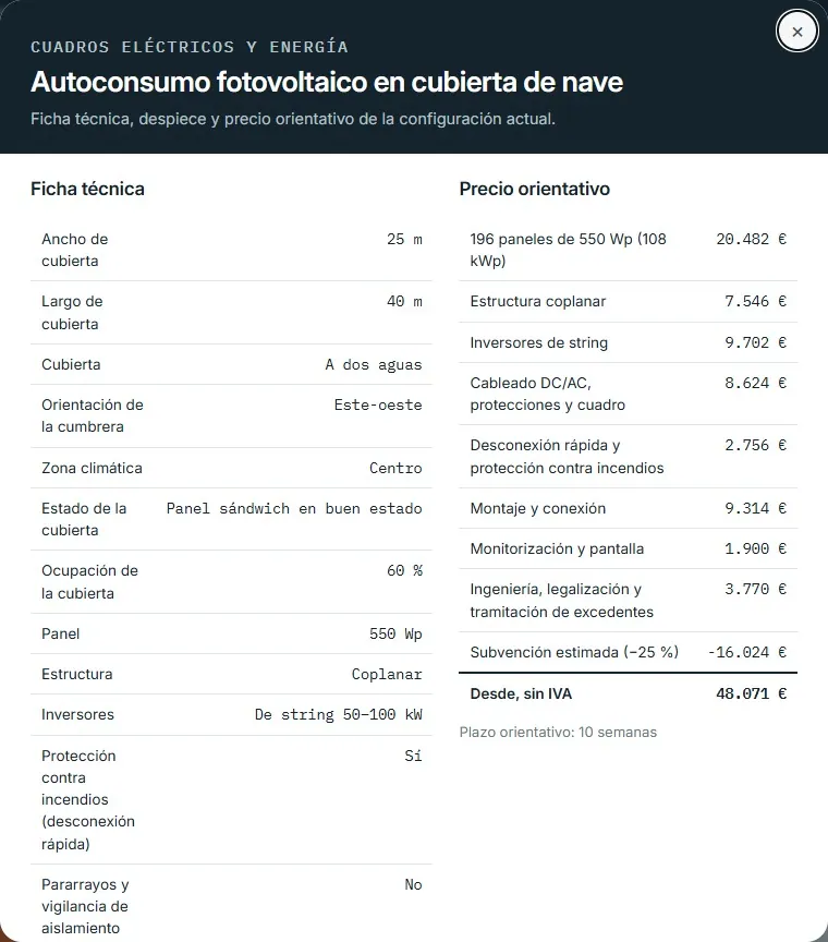 Autoconsumo fotovoltaico en cubierta de nave · despiece y ficha