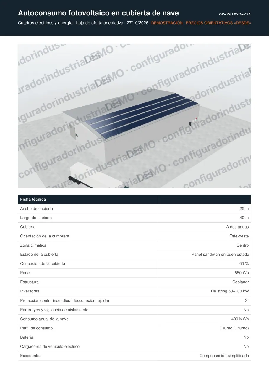 Autoconsumo fotovoltaico en cubierta de nave · hoja de oferta en PDF
