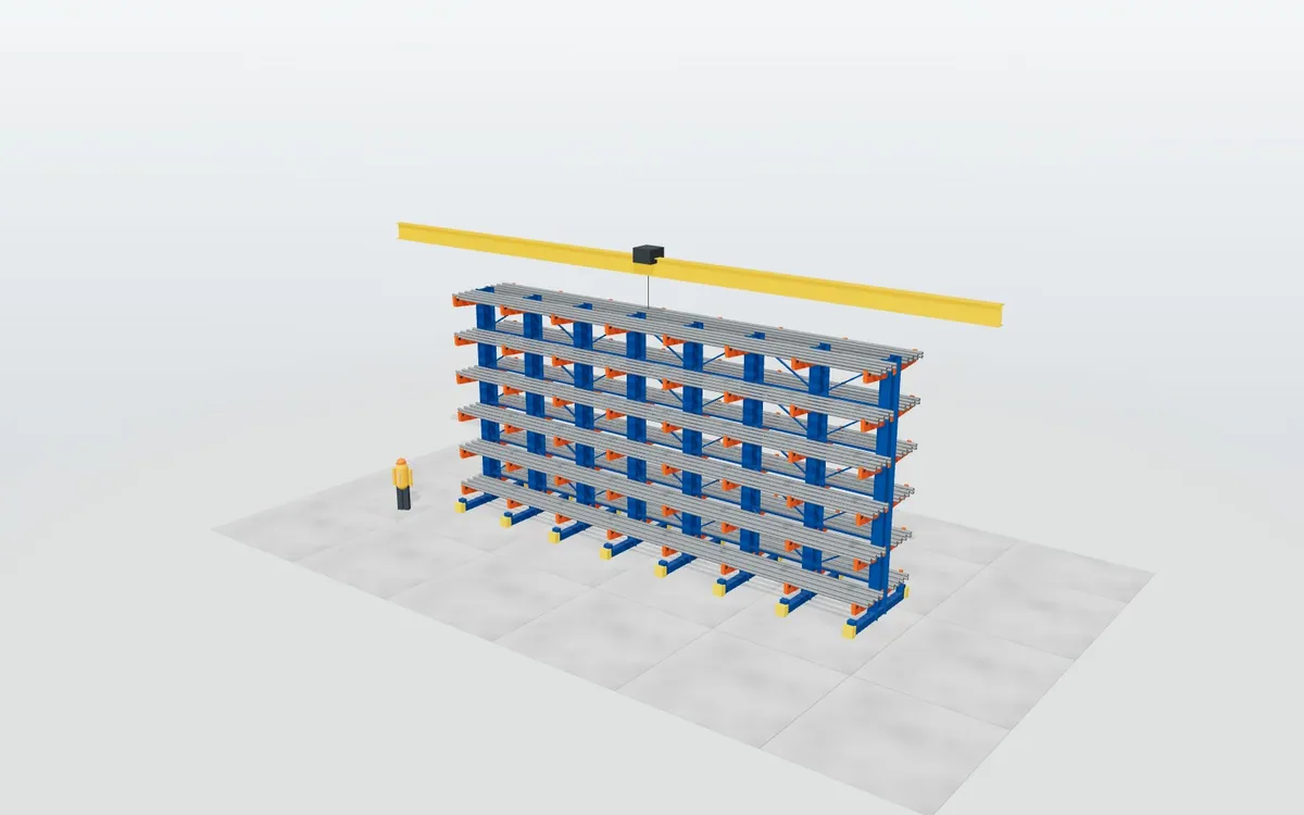 Estantería cantilever · Tubos con puente grúa