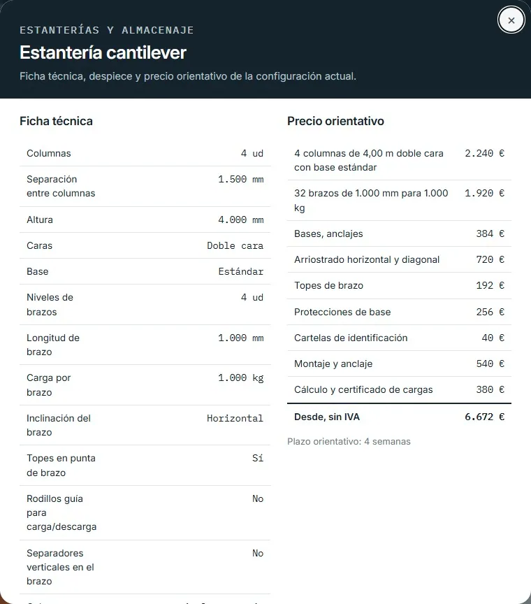 Estantería cantilever · despiece y ficha