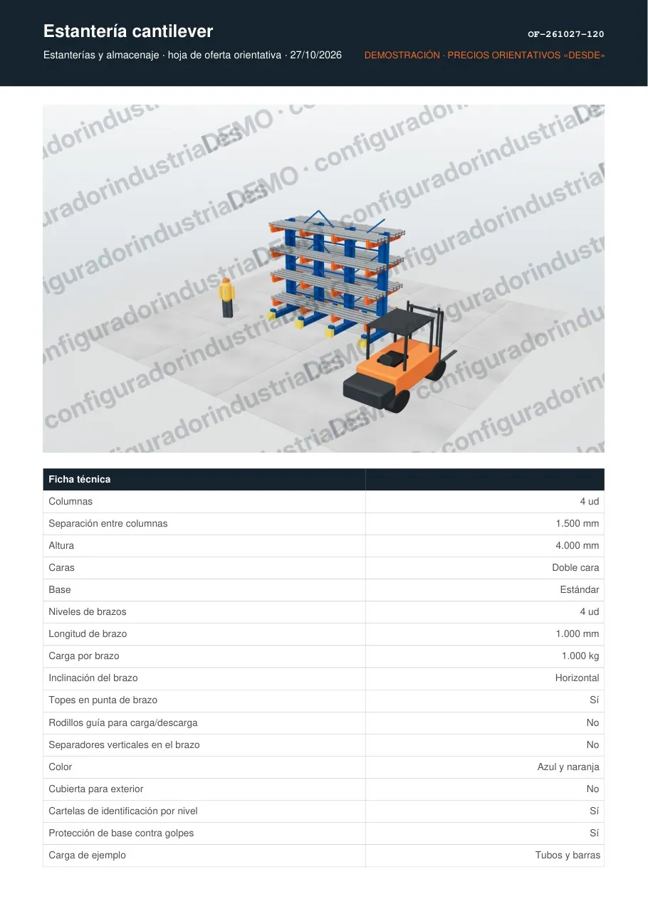 Estantería cantilever · hoja de oferta en PDF