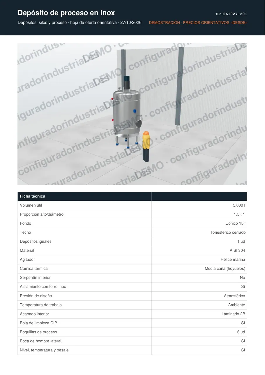 Depósito de proceso en inox · hoja de oferta en PDF