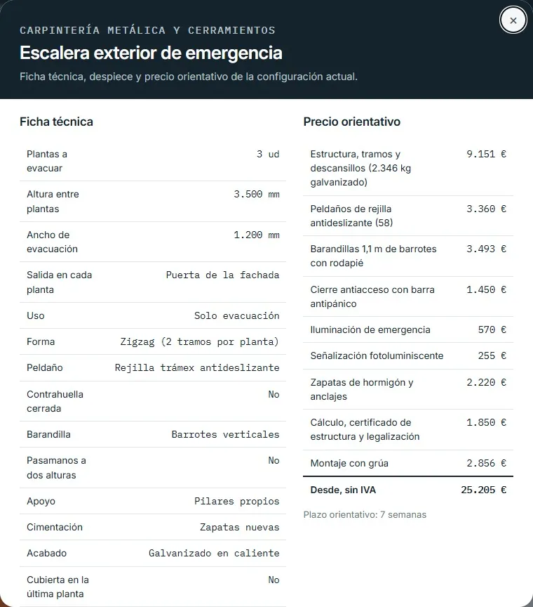 Escalera exterior de emergencia · despiece y ficha