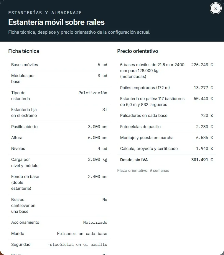 Estantería móvil sobre raíles · despiece y ficha