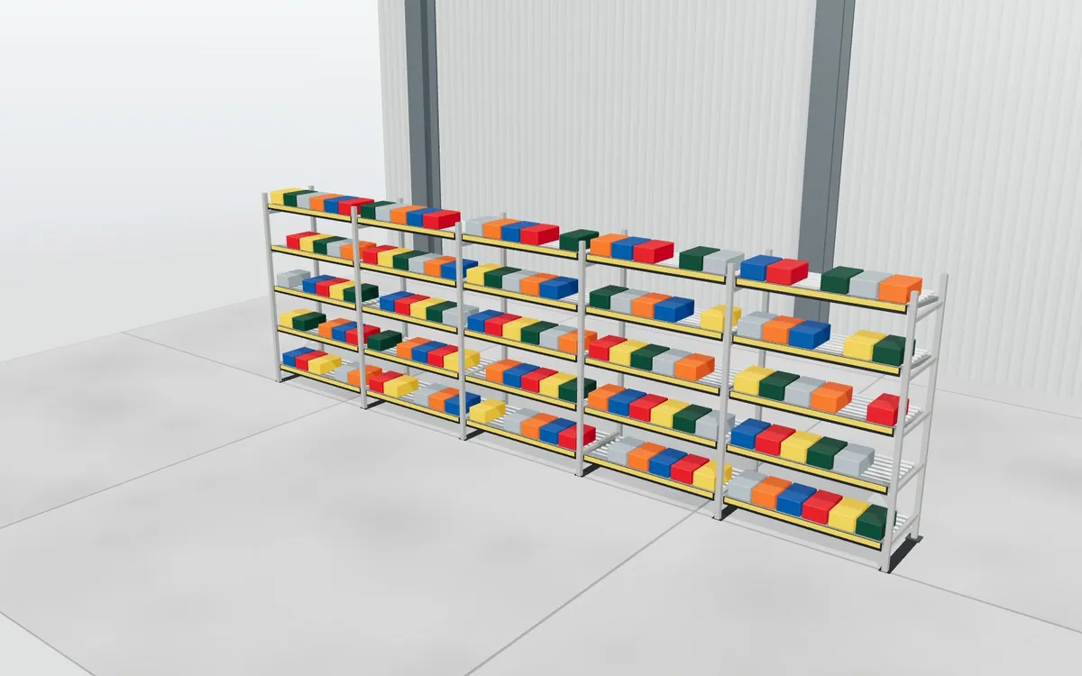 Estantería de picking con cajas · Dinámica FIFO de componentes