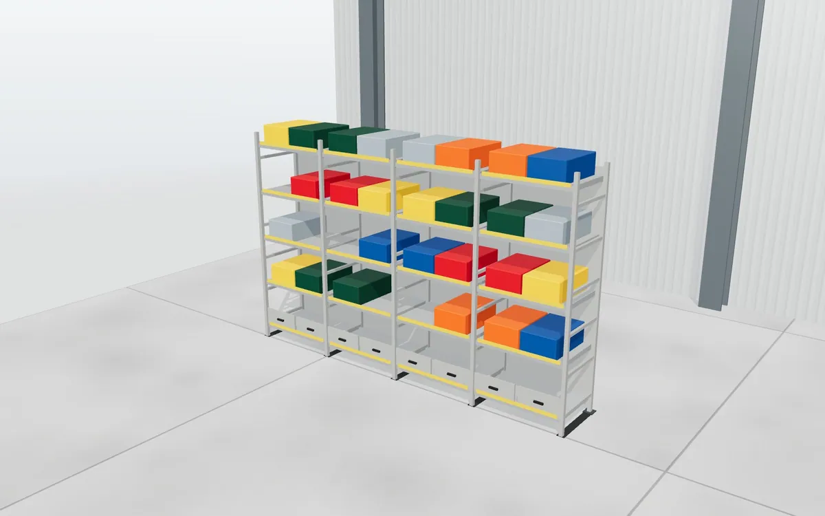 Estantería de picking con cajas · Almacén de taller