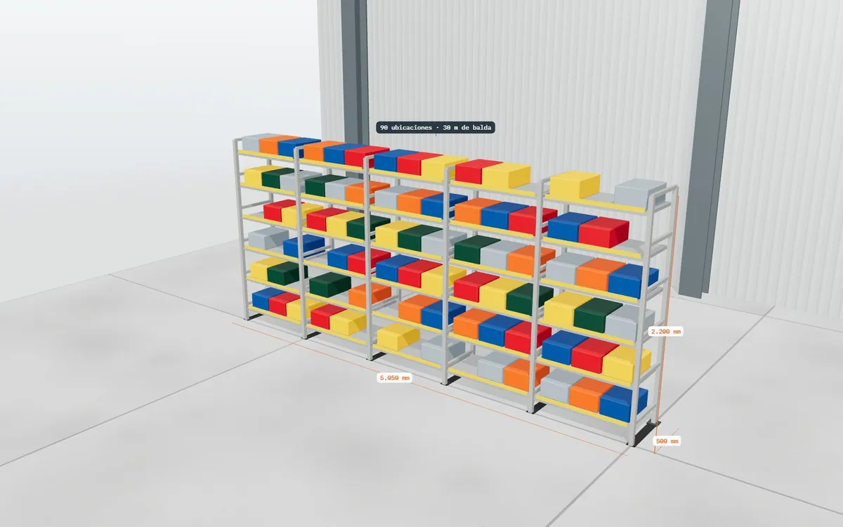 Estantería de picking con cajas · cotas y etiquetas