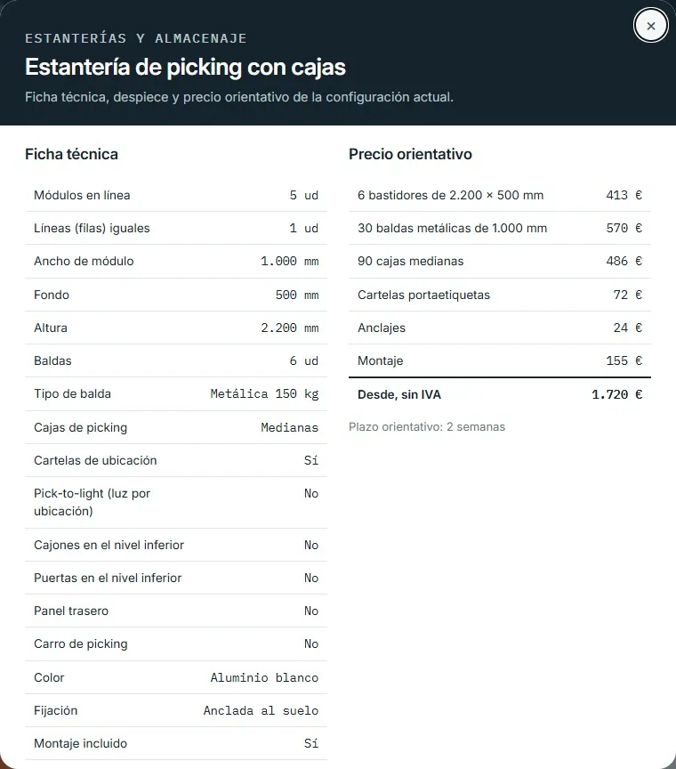 Estantería de picking con cajas · despiece y ficha