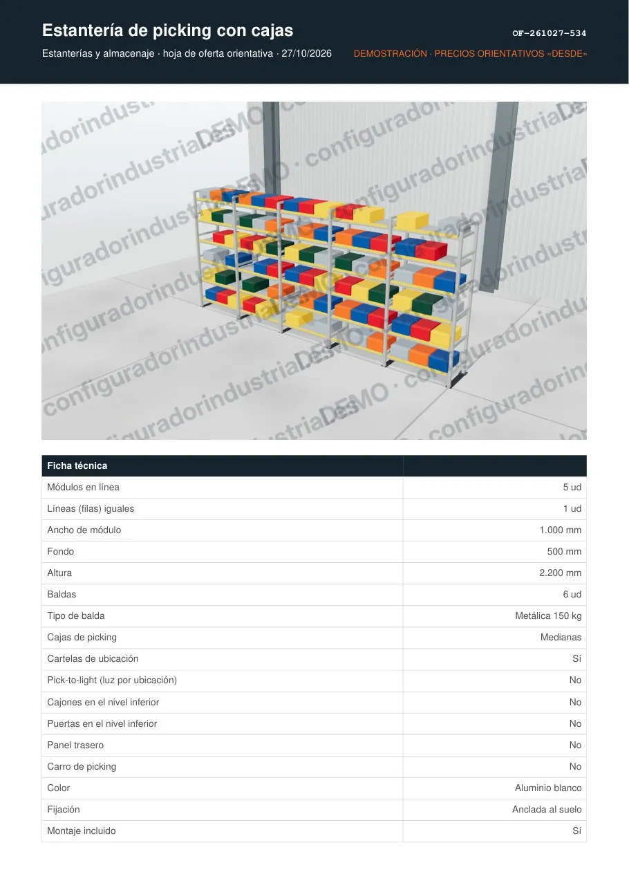 Estantería de picking con cajas · hoja de oferta en PDF