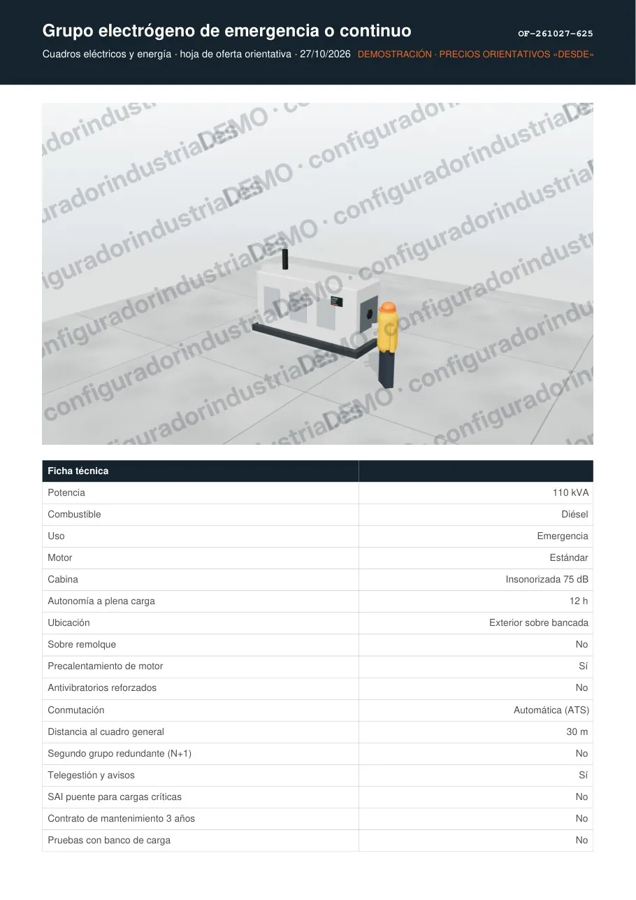 Grupo electrógeno de emergencia o continuo · hoja de oferta en PDF