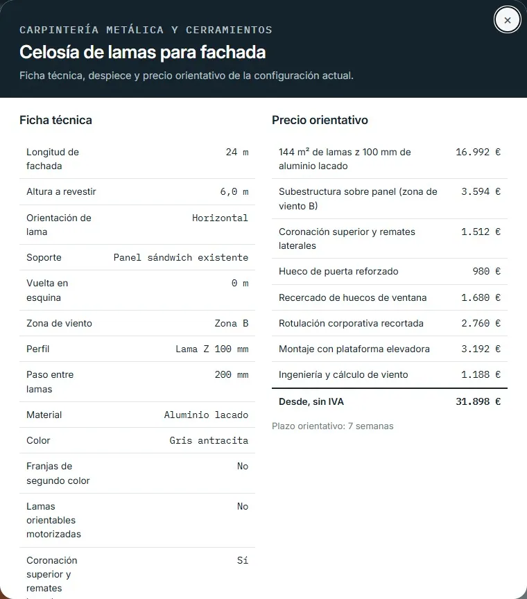 Celosía de lamas para fachada · despiece y ficha