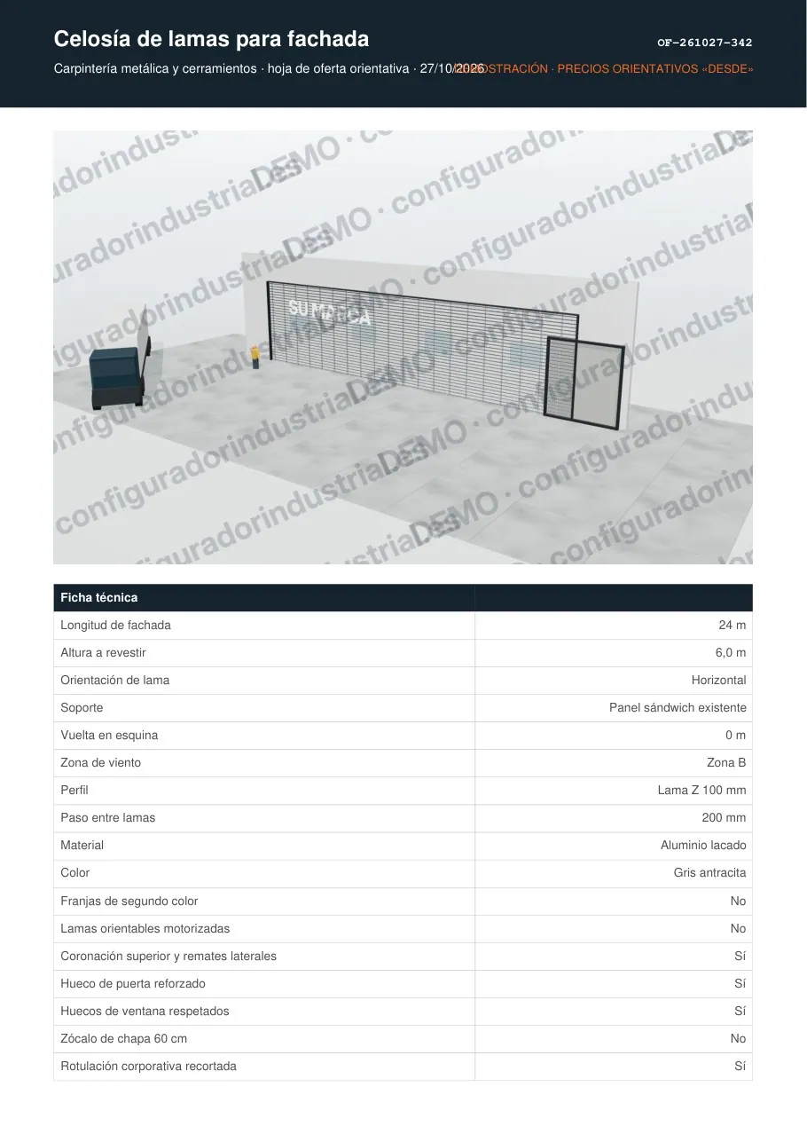 Celosía de lamas para fachada · hoja de oferta en PDF