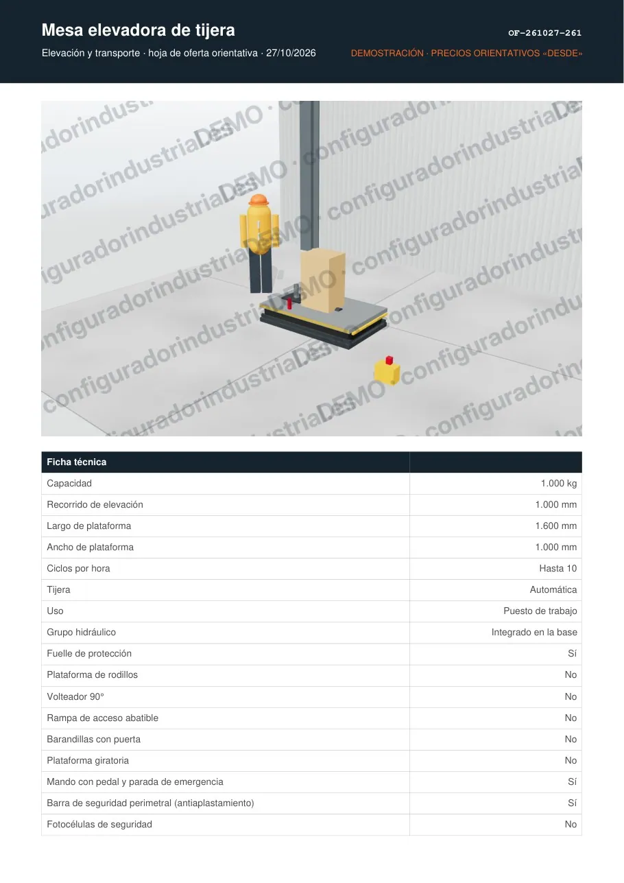 Mesa elevadora de tijera · hoja de oferta en PDF