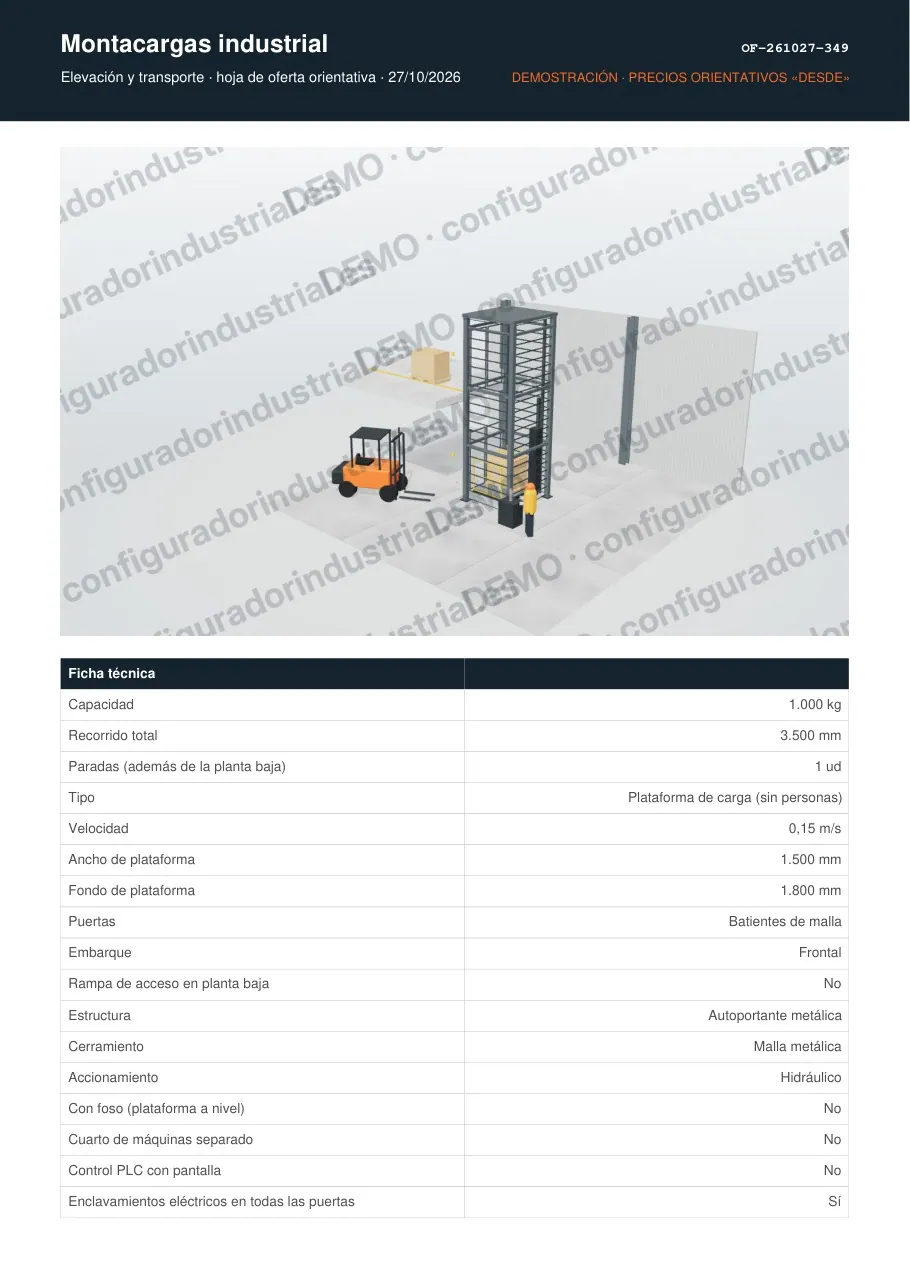 Montacargas industrial · hoja de oferta en PDF