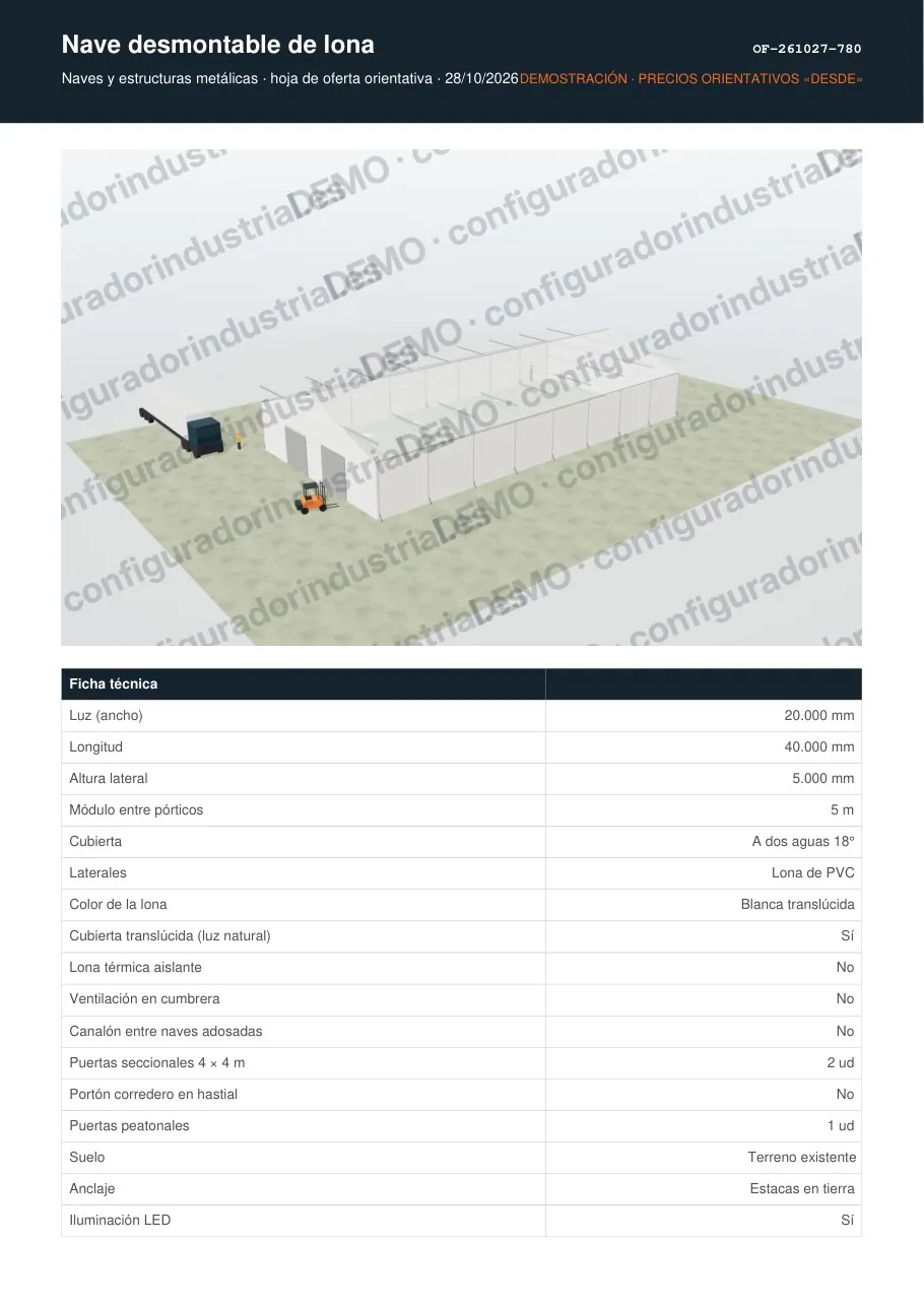 Nave desmontable de lona · hoja de oferta en PDF