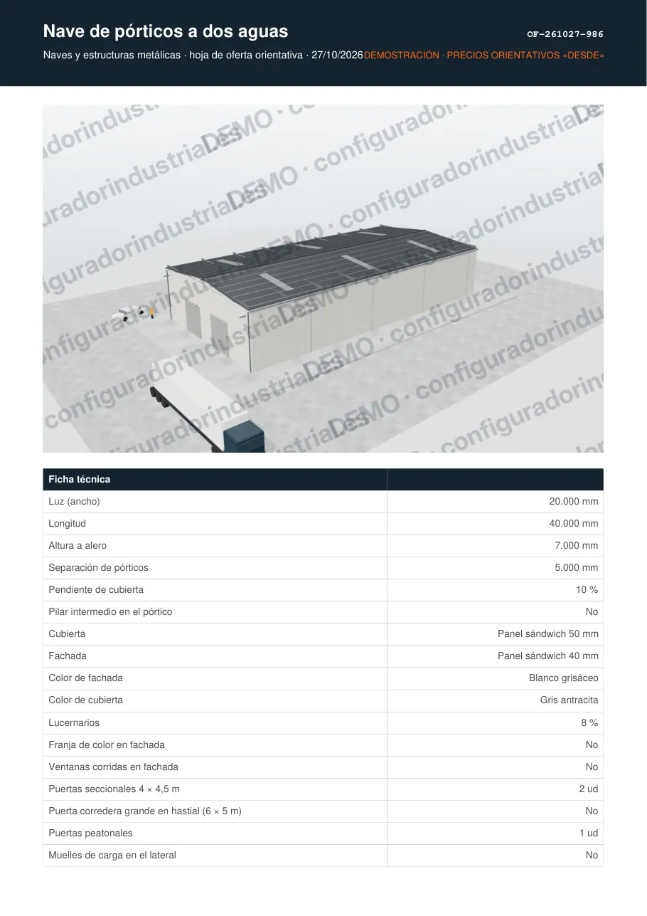 Nave de pórticos a dos aguas · hoja de oferta en PDF