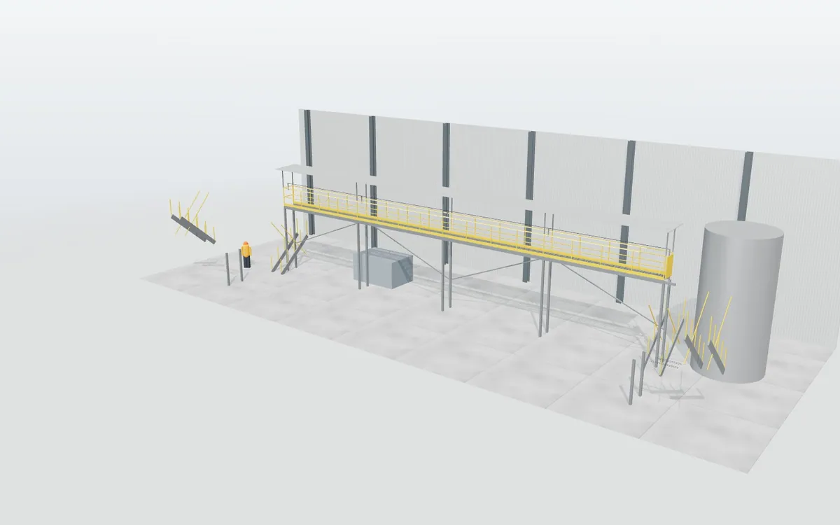 Pasarela de mantenimiento con escalera · Sobre línea de producción