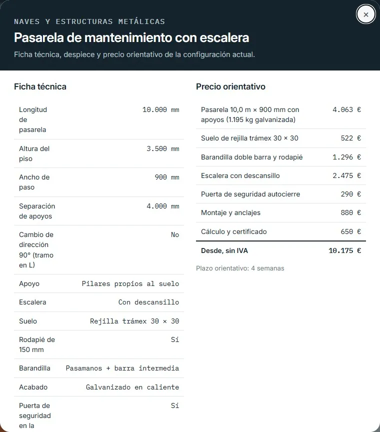 Pasarela de mantenimiento con escalera · despiece y ficha