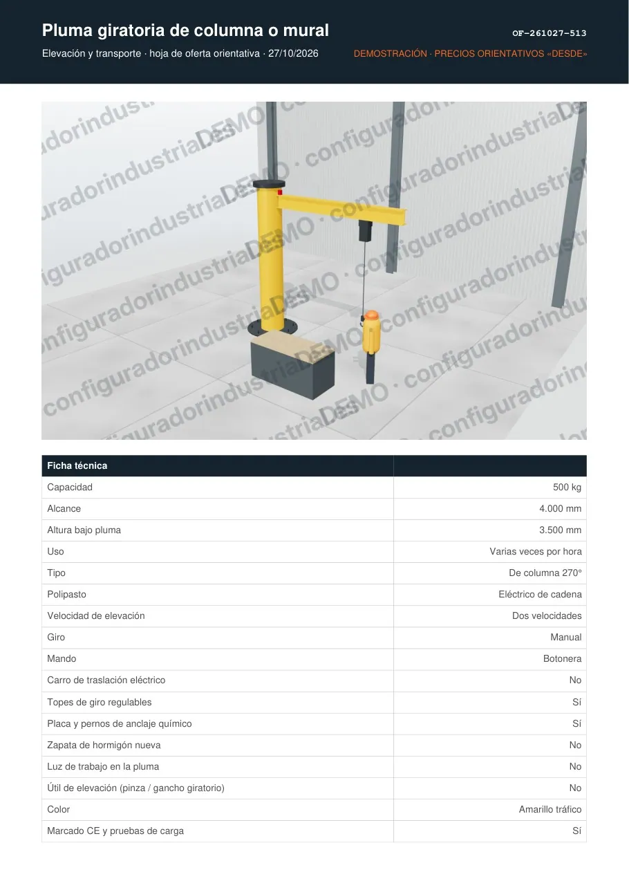 Pluma giratoria de columna o mural · hoja de oferta en PDF