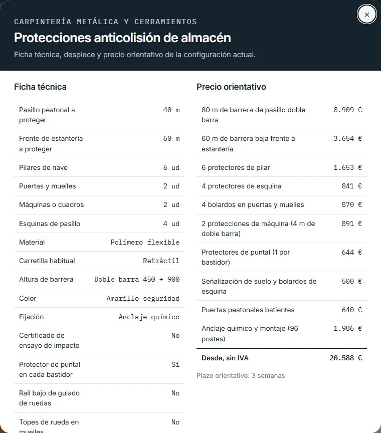 Protecciones anticolisión de almacén · despiece y ficha