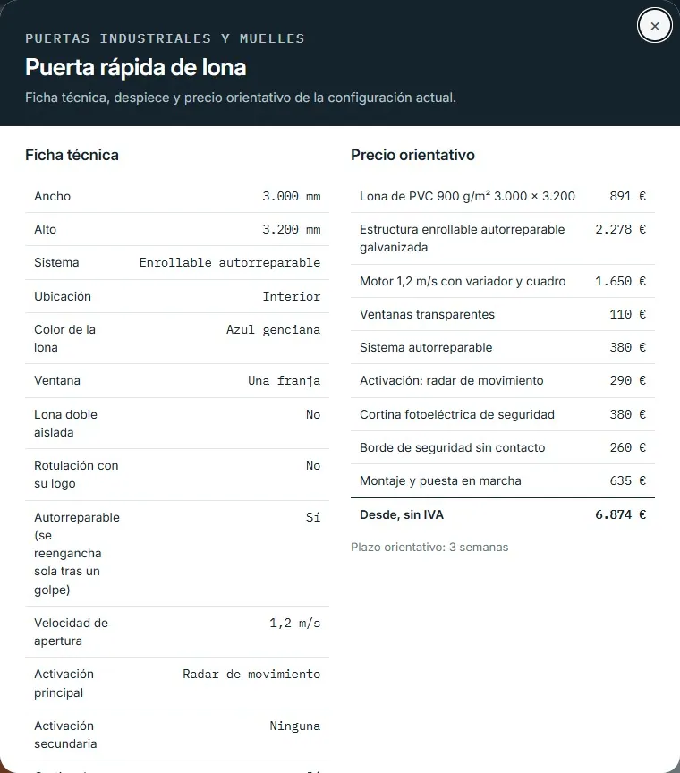 Puerta rápida de lona · despiece y ficha