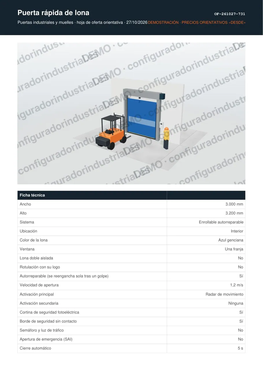 Puerta rápida de lona · hoja de oferta en PDF