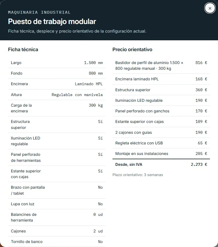 Puesto de trabajo modular · despiece y ficha