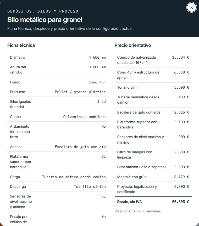 Silo metálico para granel · despiece y ficha